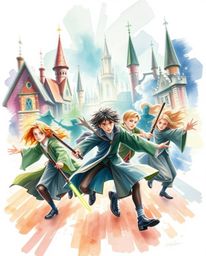 Experience the magic of a whimsical watercolor painting depicting a school filled with young wizards in dynamic action poses.