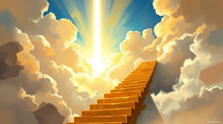 A captivating digital painting showcases a golden staircase ascending through ethereal clouds towards a radiant heaven. Sunli