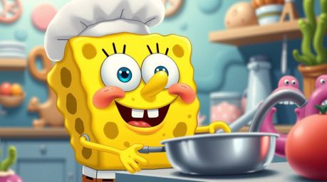 Explore the whimsical world of an adorable sponge character as he cooks up delightful meals in his charming underwater kitche