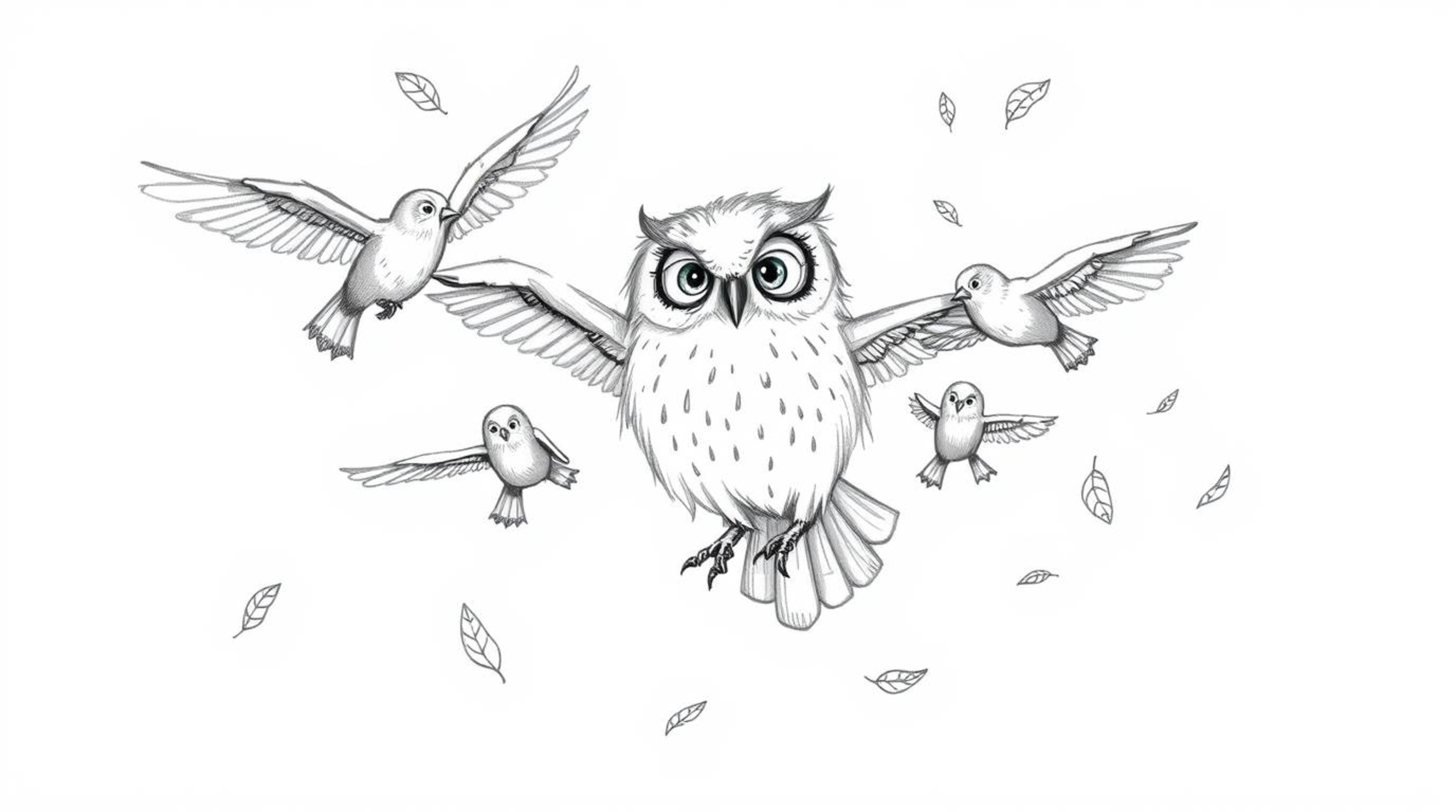 A heartwarming Pixar-style hand-drawn sketch depicts a blind owl, distinguished by its soft, downy feathers and subtly expres