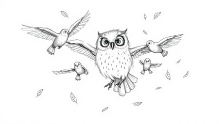A heartwarming Pixar-style hand-drawn sketch depicts a blind owl, distinguished by its soft, downy feathers and subtly expres