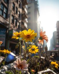 Witness the captivating contrast of delicate flowers thriving amidst the harsh reality of a post-apocalyptic city.  Bathed in