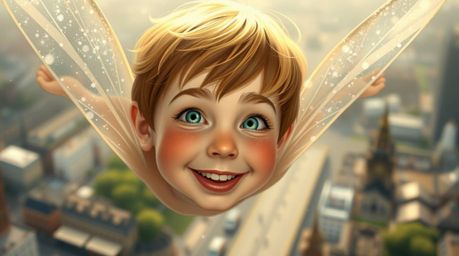A captivating image of an adorable young boy with rosy cheeks, soaring above the London skyline with glittering pixie dust.  