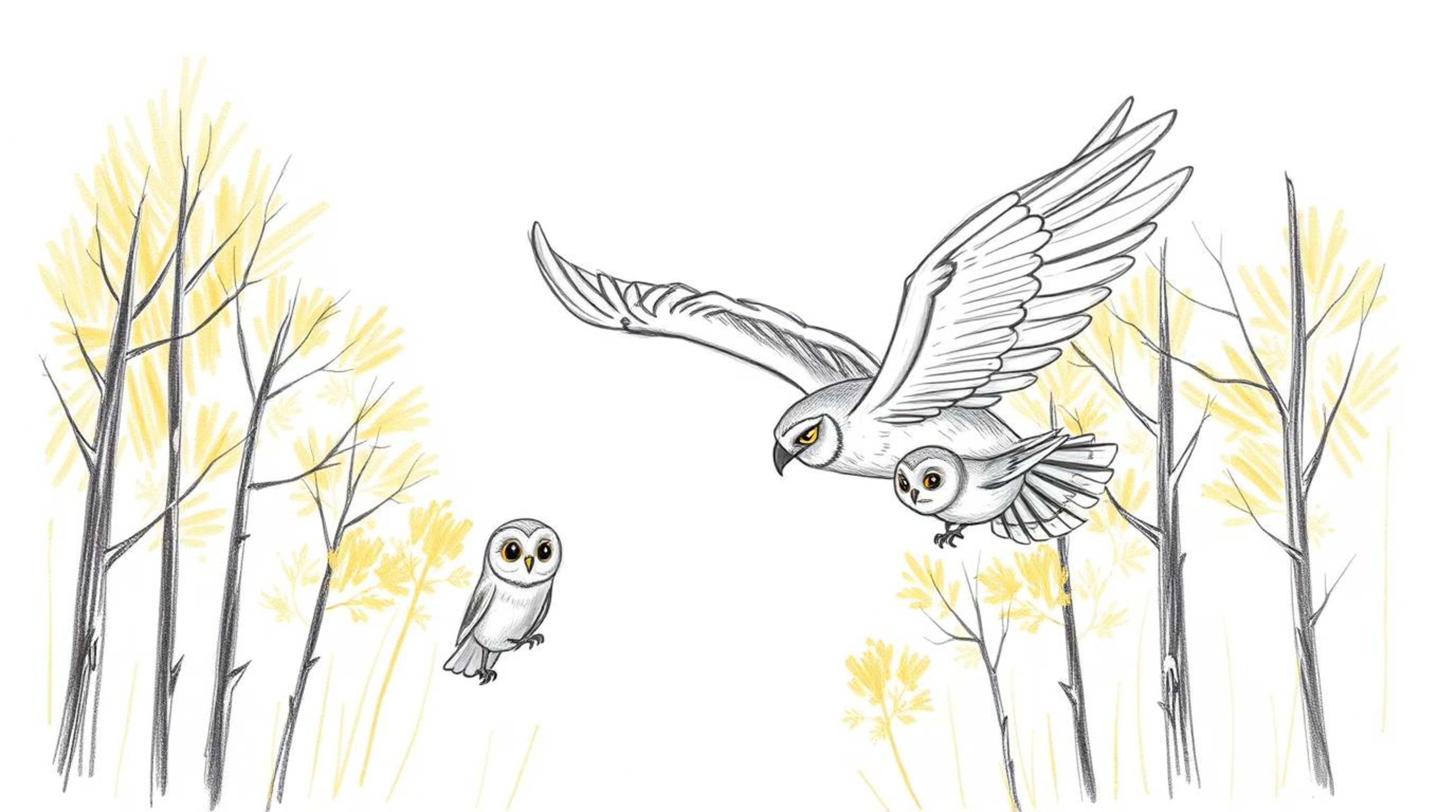 A captivating hand-drawn sketch in the style of Pixar depicts a blind owl with expressive features and soft, detailed feather