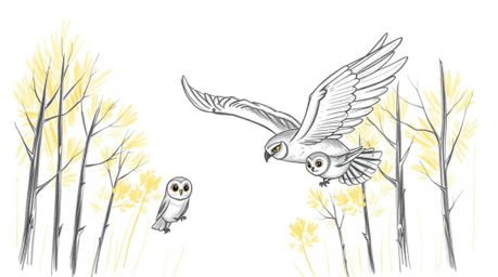 A captivating hand-drawn sketch in the style of Pixar depicts a blind owl with expressive features and soft, detailed feather