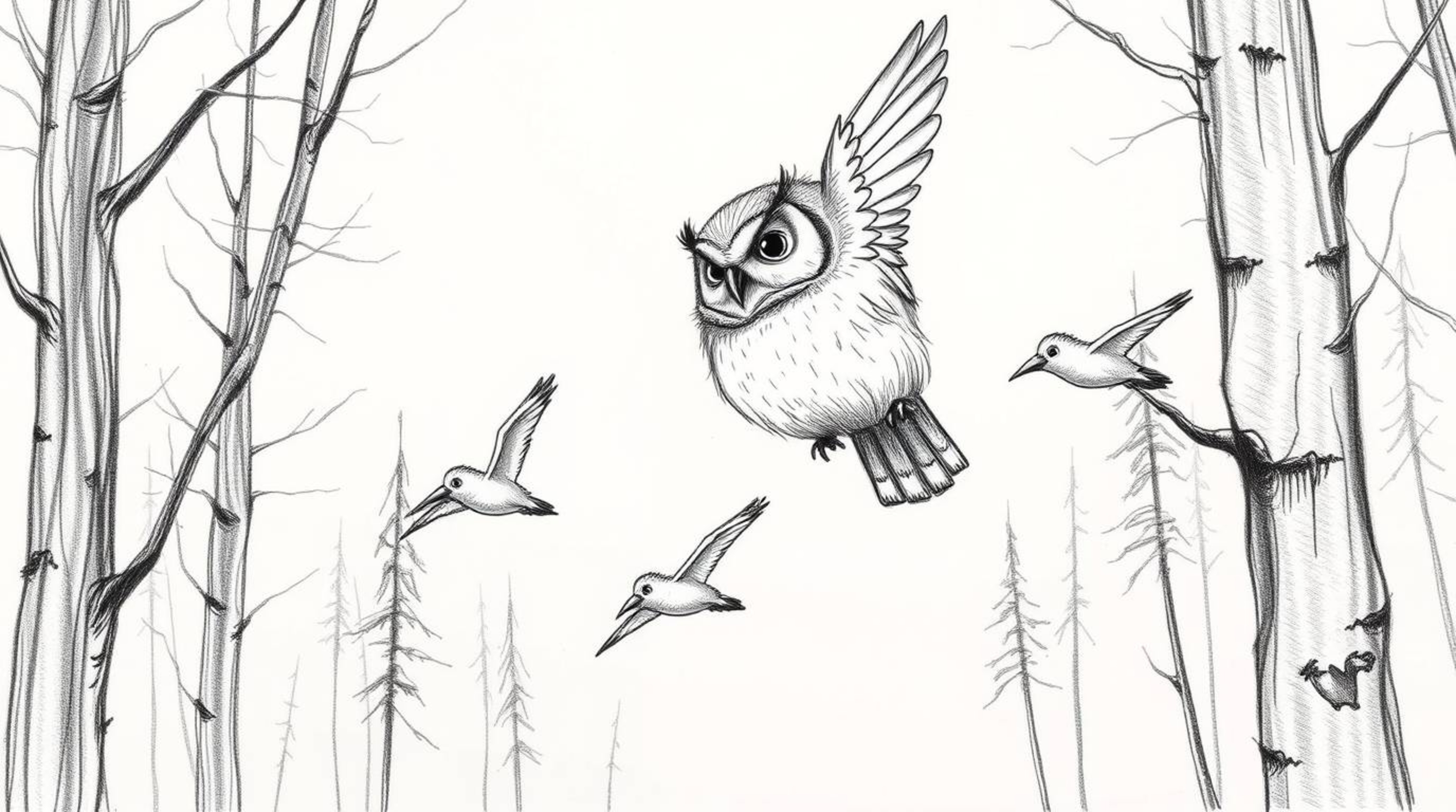 A hand-drawn pencil sketch depicts a blind owl, rendered in a Pixar-esque style, mentoring birds in flight within a cinematic