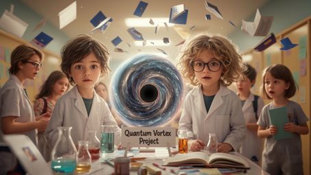 In a vibrant, whimsical, and dynamic Pixar-inspired cinematic photo, a science fair duo stands amidst their cluttered "Quantu