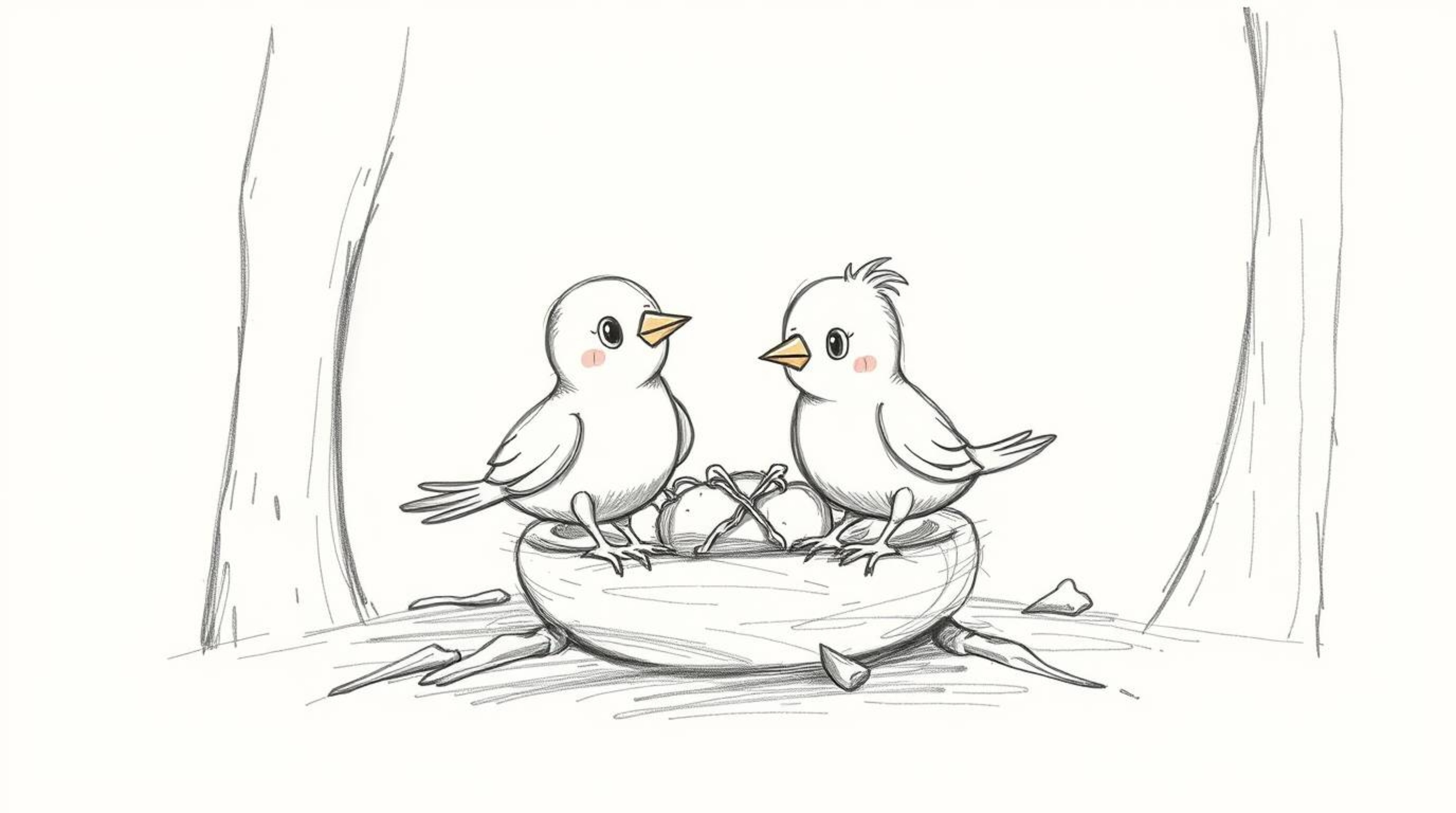 A hand-drawn sketch depicts two cartoon birds in a classic animation style, diligently building a nest within a mystic and en