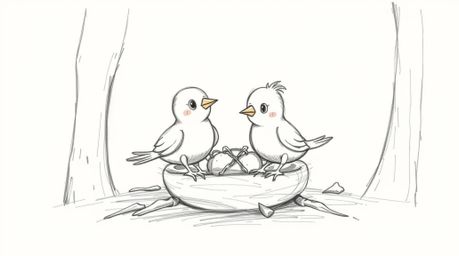 A hand-drawn sketch depicts two cartoon birds in a classic animation style, diligently building a nest within a mystic and en