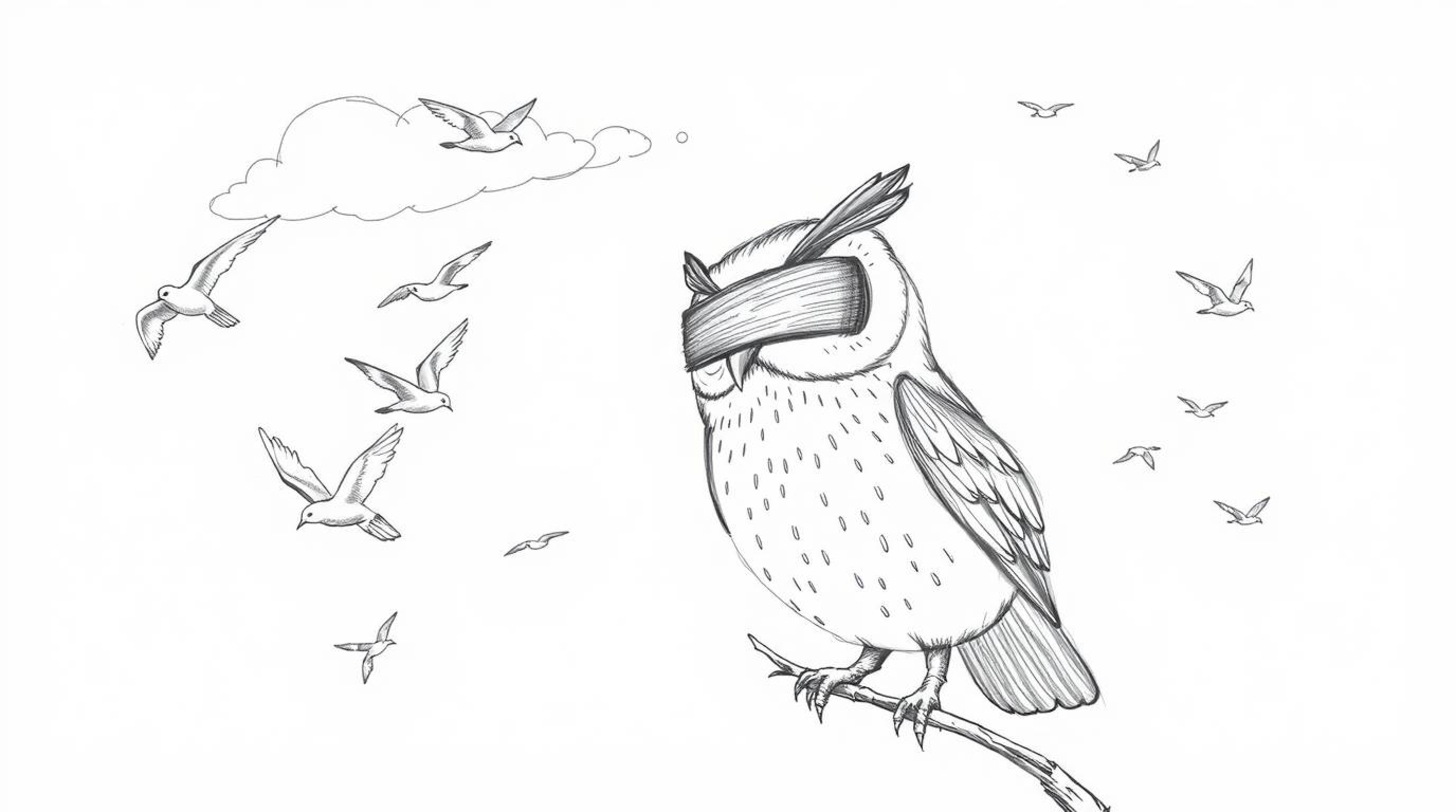 A heartwarming image of a blind owl, rendered in a Pixar-esque style with subtle pencil stroke textures, guiding a flock of b