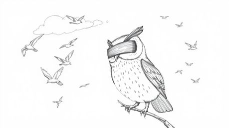 A heartwarming image of a blind owl, rendered in a Pixar-esque style with subtle pencil stroke textures, guiding a flock of b