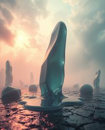 Explore a surreal and hyperrealistic sci-fi landscape illuminated by soft, hazy light. Melted glass-like fluid shapes dominat