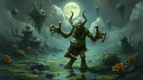 A captivating image of a surreal swamp scene featuring an ogre with mismatched limbs and glowing eyes, dancing amidst bizarre
