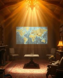 A mesmerizing scene unfolds within an old study, where a radiant map is projected, casting a luxurious glow that evokes an et