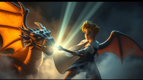 A captivating image depicting a charming prince, radiating an ethereal glow, battling a fearsome dragon. Rendered in a nostal
