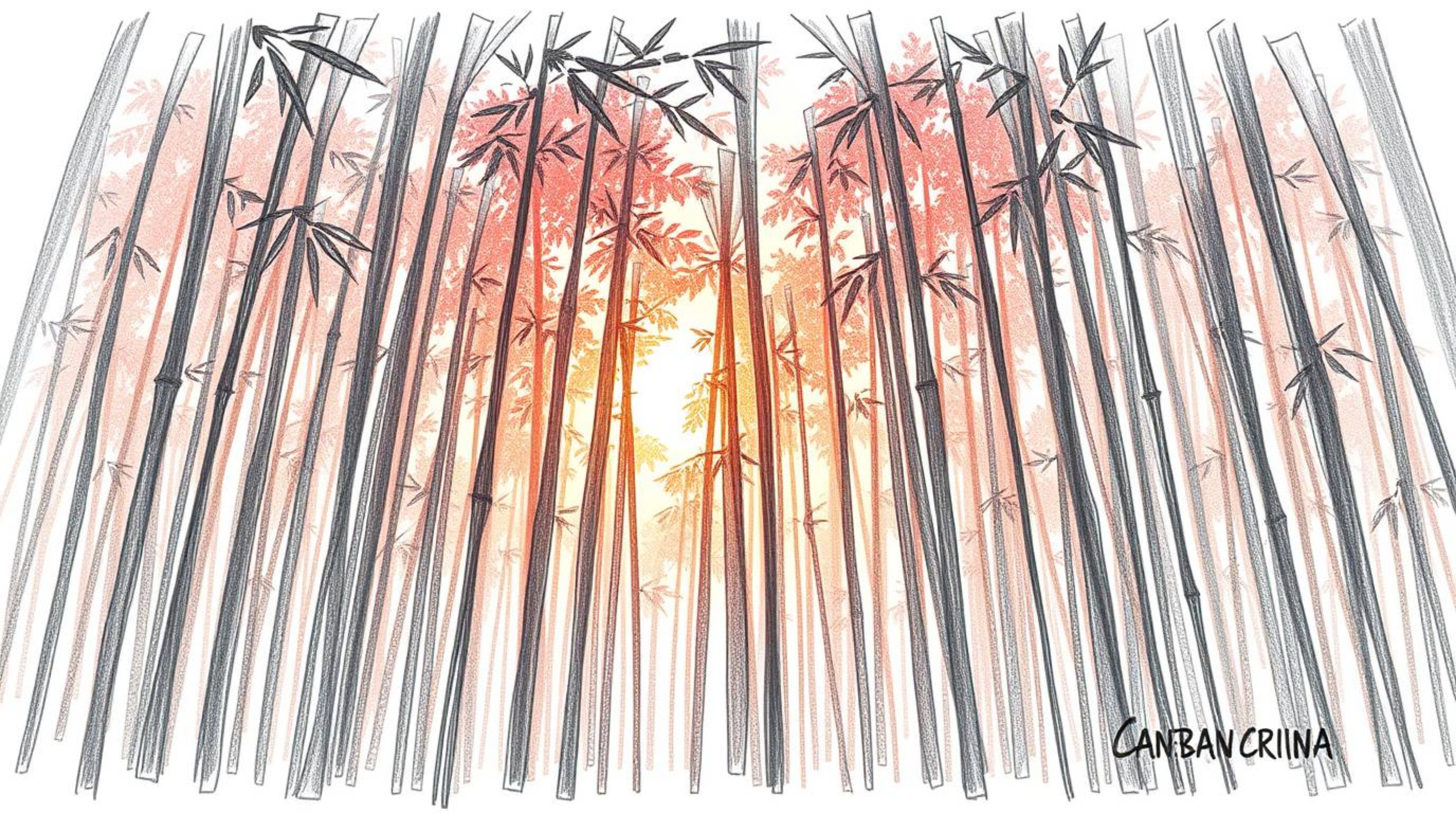 A captivating hand-drawn sketch of a massive, heroic bamboo forest, bathed in the warm hues of a setting sun.  Epic lens glow