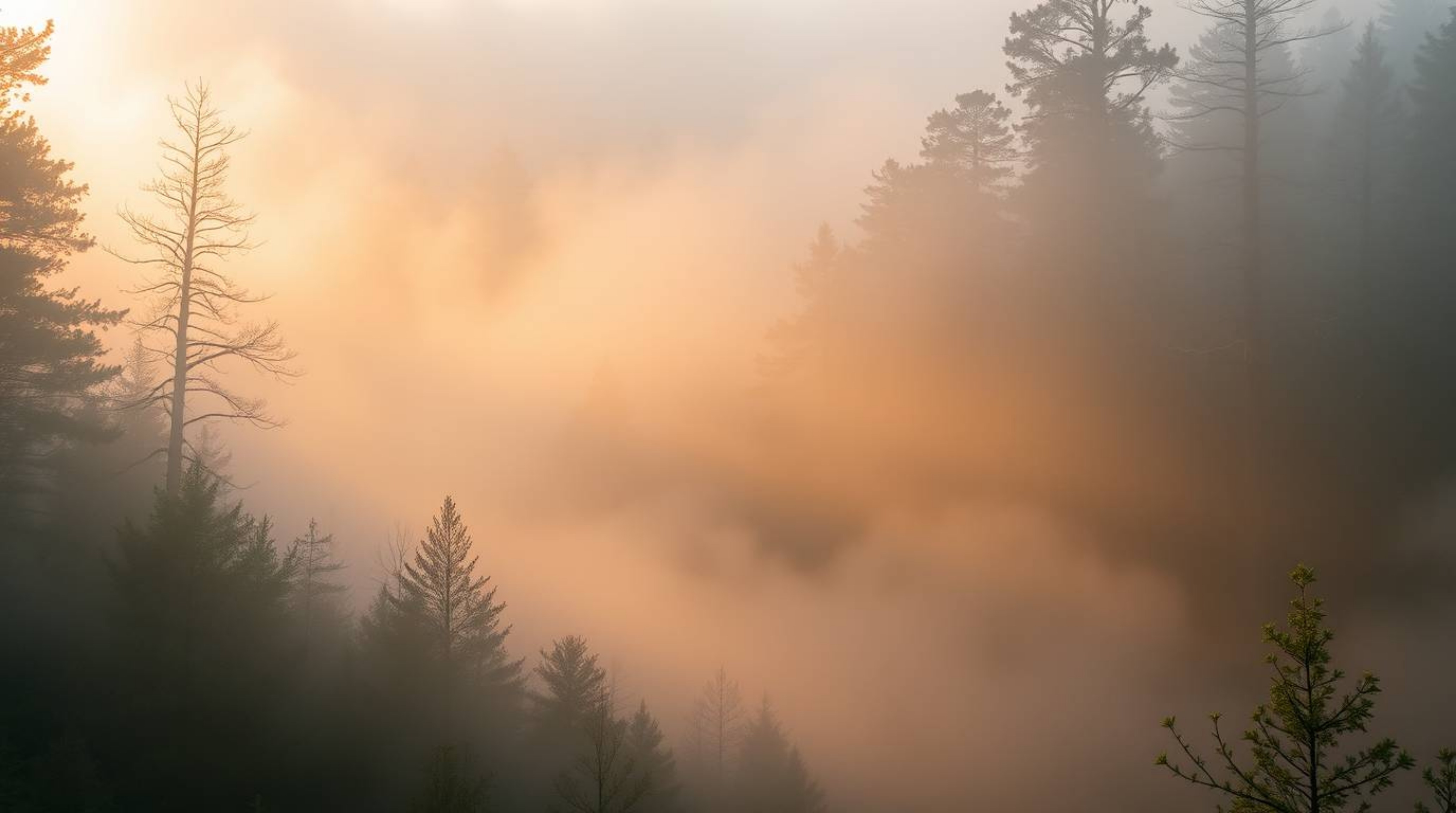 Experience the ethereal spiritual vibe of a forest shrouded in mist at golden hour. Low visibility and thick fog accentuate t