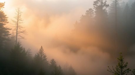 Experience the ethereal spiritual vibe of a forest shrouded in mist at golden hour. Low visibility and thick fog accentuate t
