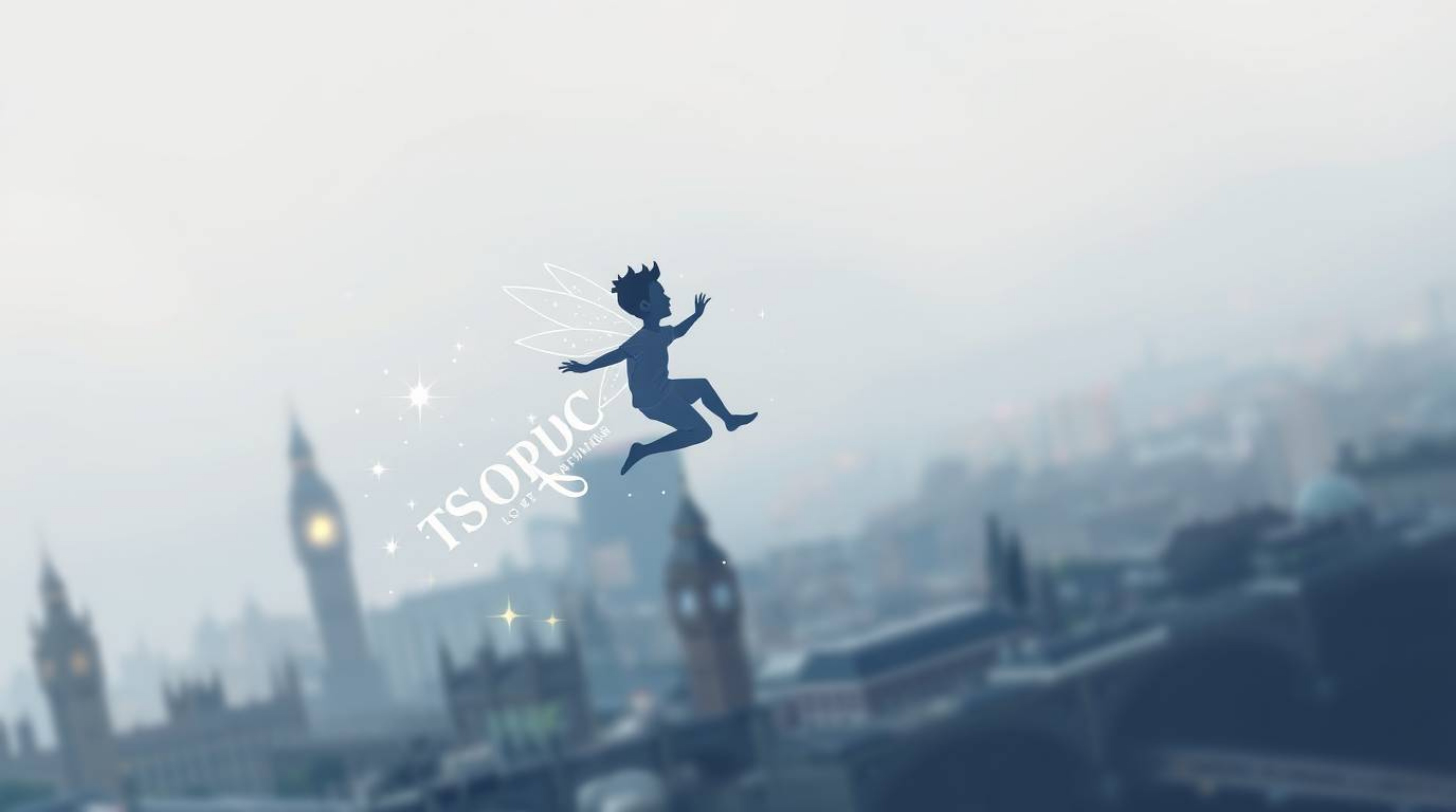 This geometric logo features a young boy soaring above the London skyline, propelled by softly glowing pixie dust.  The desig