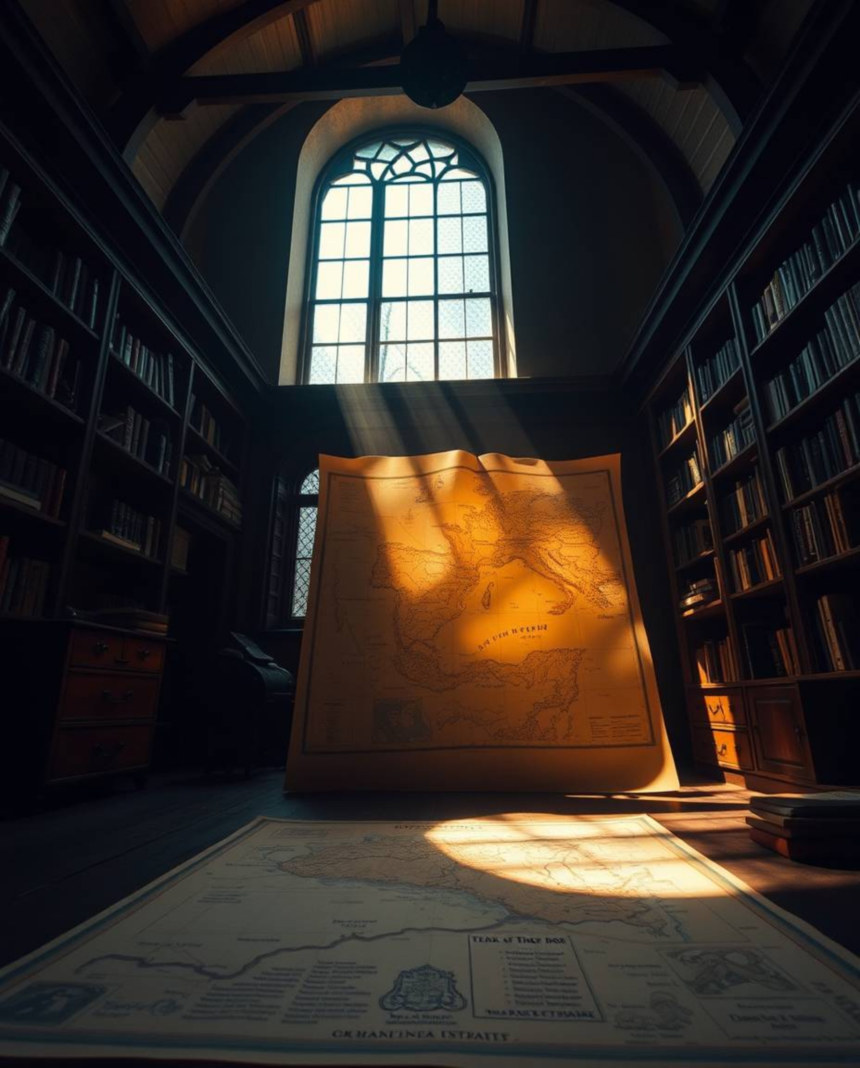 A captivating low-angle perspective showcases a glowing map illuminating an old study, bathed in soft, gentle light. Diffused