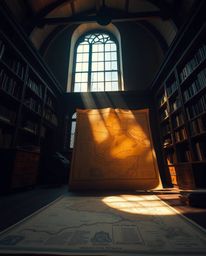 A captivating low-angle perspective showcases a glowing map illuminating an old study, bathed in soft, gentle light. Diffused