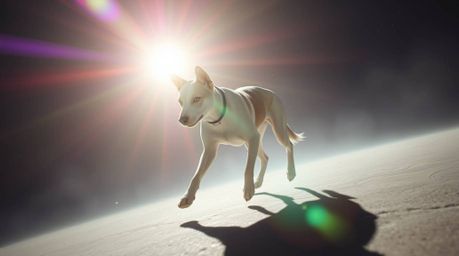 A mesmerizing depiction of a futuristic dog strolling through space, bathed in ethereal light and vibrant colors.  The image 