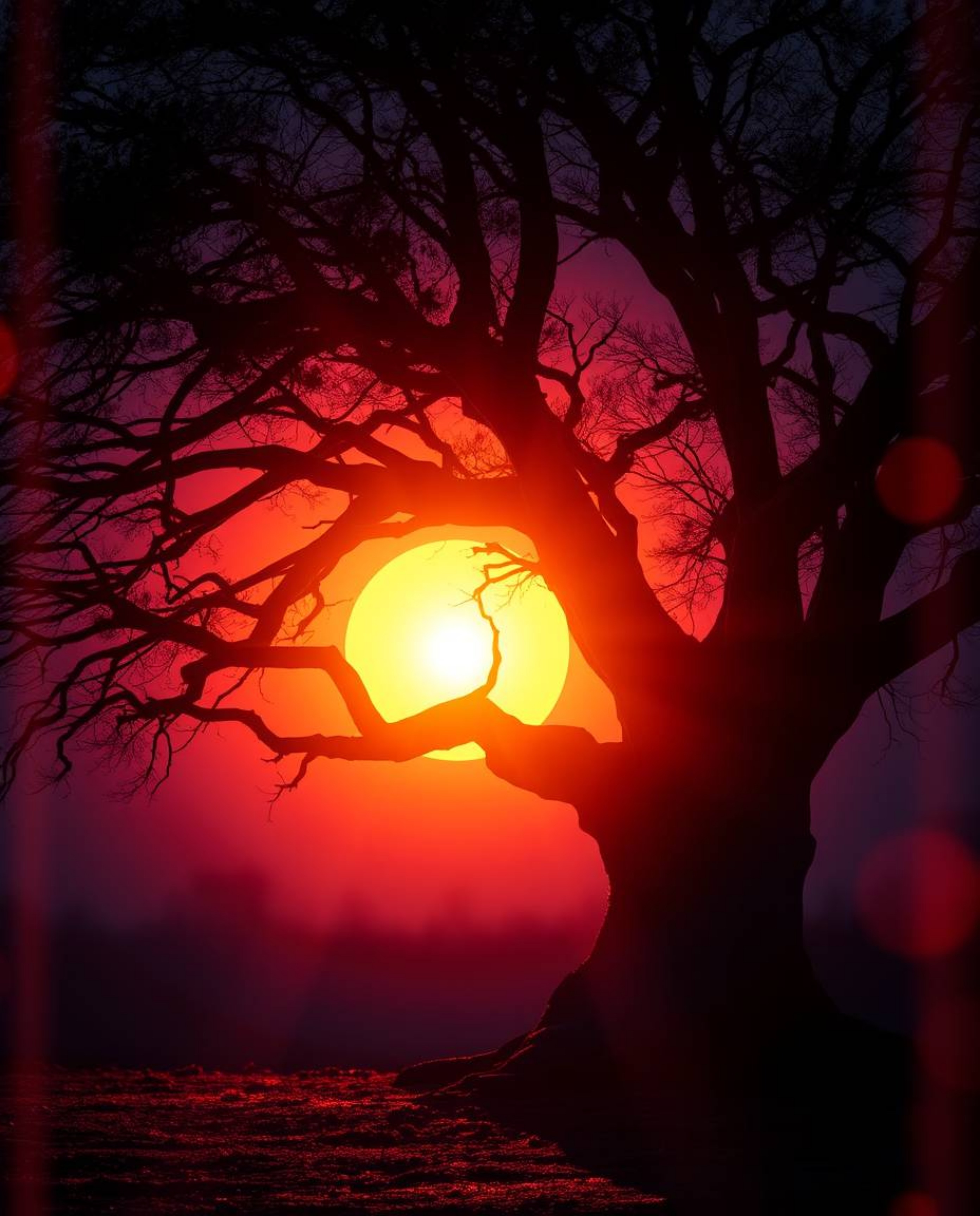 A creative light art piece depicting a sunset behind an old oak tree with twisted branches, creating an ethereal and spiritua