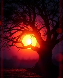 A creative light art piece depicting a sunset behind an old oak tree with twisted branches, creating an ethereal and spiritua