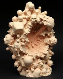 This sculptural clay art piece depicts a breathtaking cosmic event: colliding galaxies in a vibrant explosion of light and co
