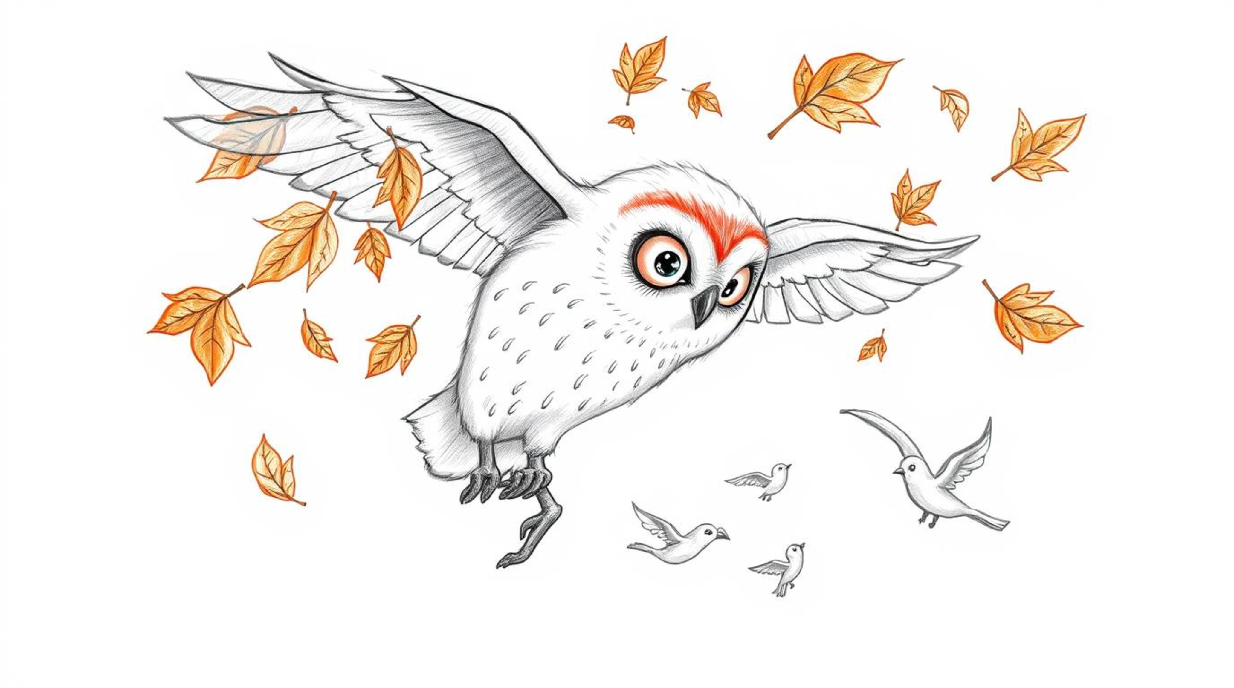 A heartwarming hand-drawn sketch in a Pixar-like style depicts a blind owl with soft, expressive eyes and fluffy feathers. Th
