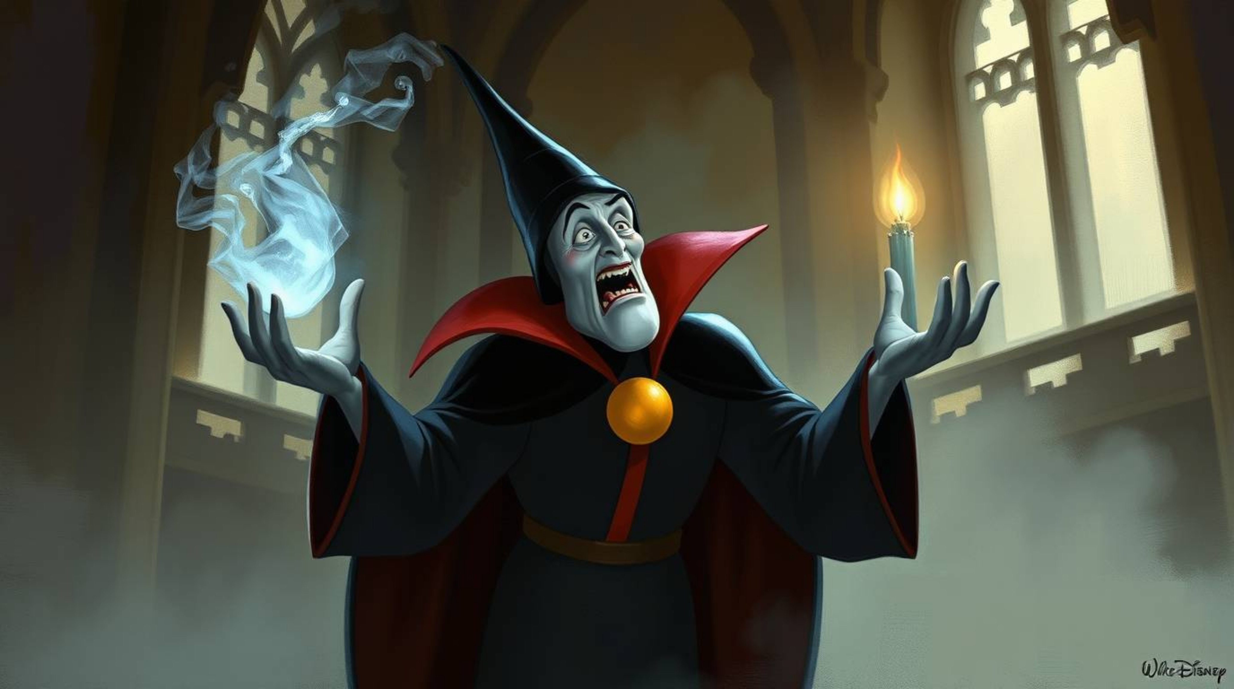 A classic Disney villain is captured in this oil painting style image, casting a spell within the softly lit confines of an o