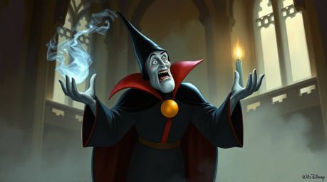 A classic Disney villain is captured in this oil painting style image, casting a spell within the softly lit confines of an o