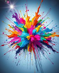 A vibrant paint explosion on a white canvas creates a stunning abstract artwork, captured in a grand, futuristic scene. Epic 
