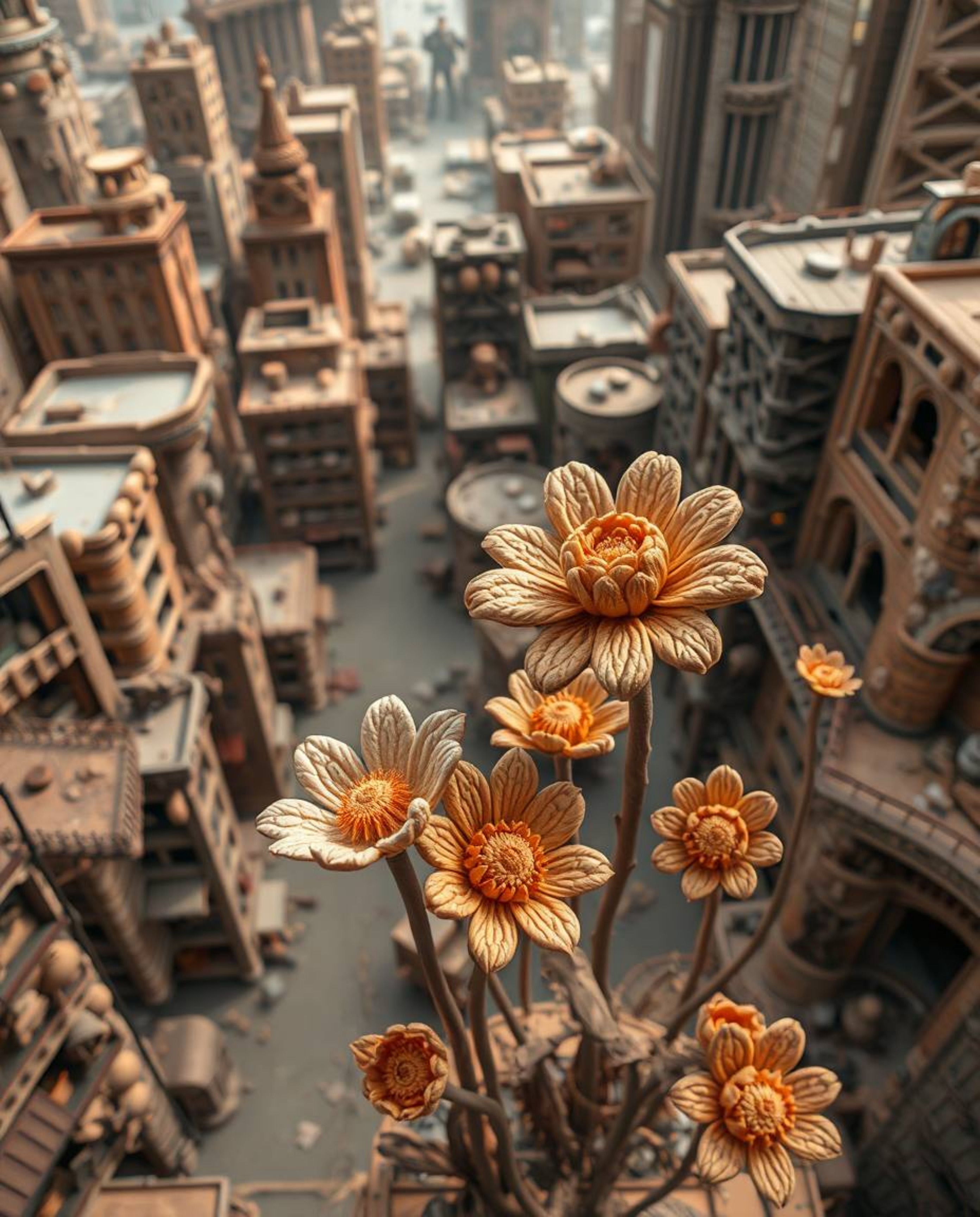 High-angle sculptural clay art depicts flowers blooming defiantly in a post-apocalyptic city. The textured, modeled shapes of