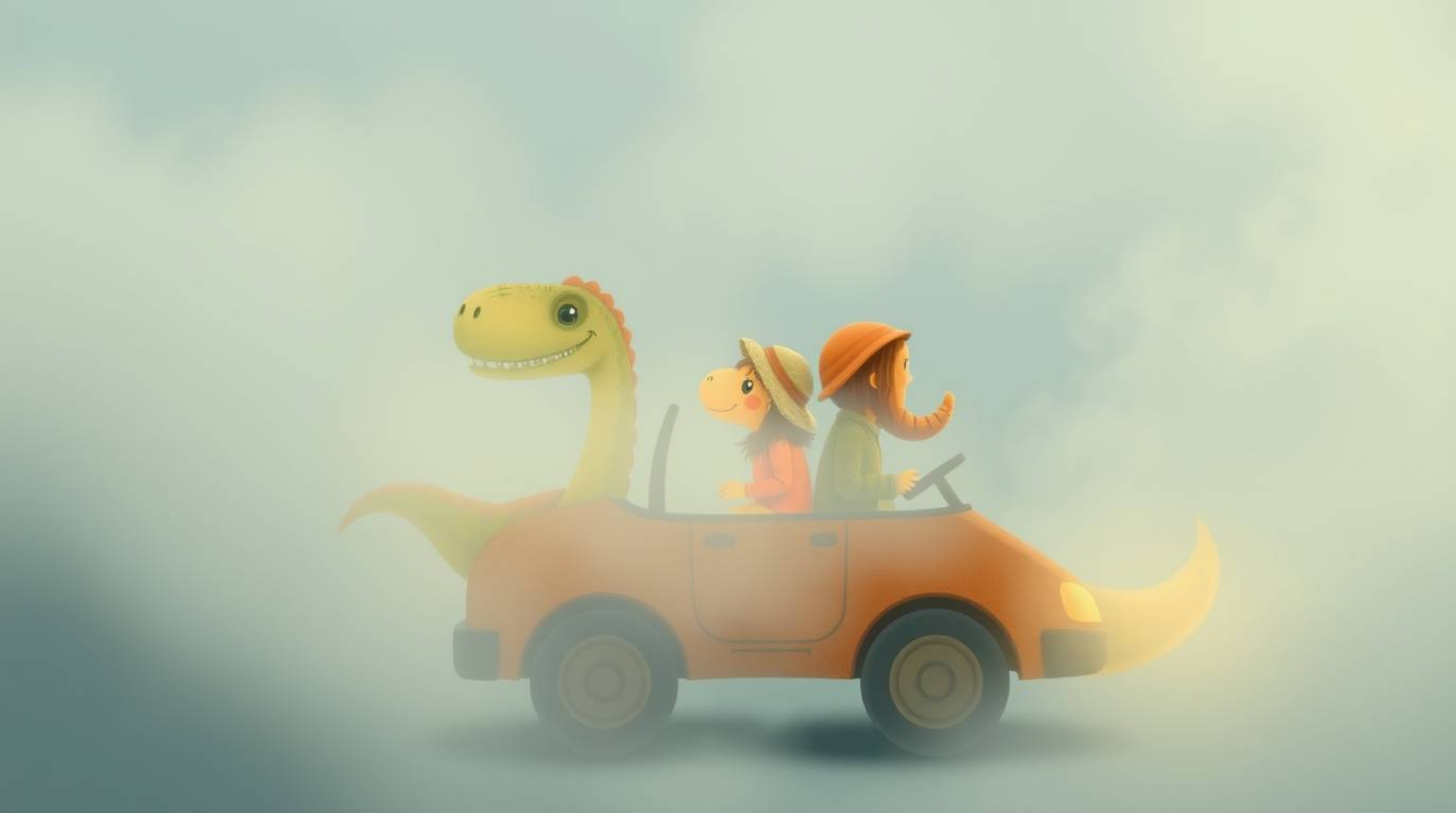 A charming illustration depicts an adorable prehistoric family enjoying a whimsical ride in their dinosaur car.  Shrouded in 
