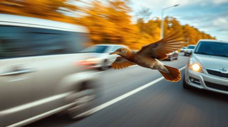 This high-resolution stock photo captures the dynamic scene of a fast-running bird swiftly moving past traffic, bathed in the