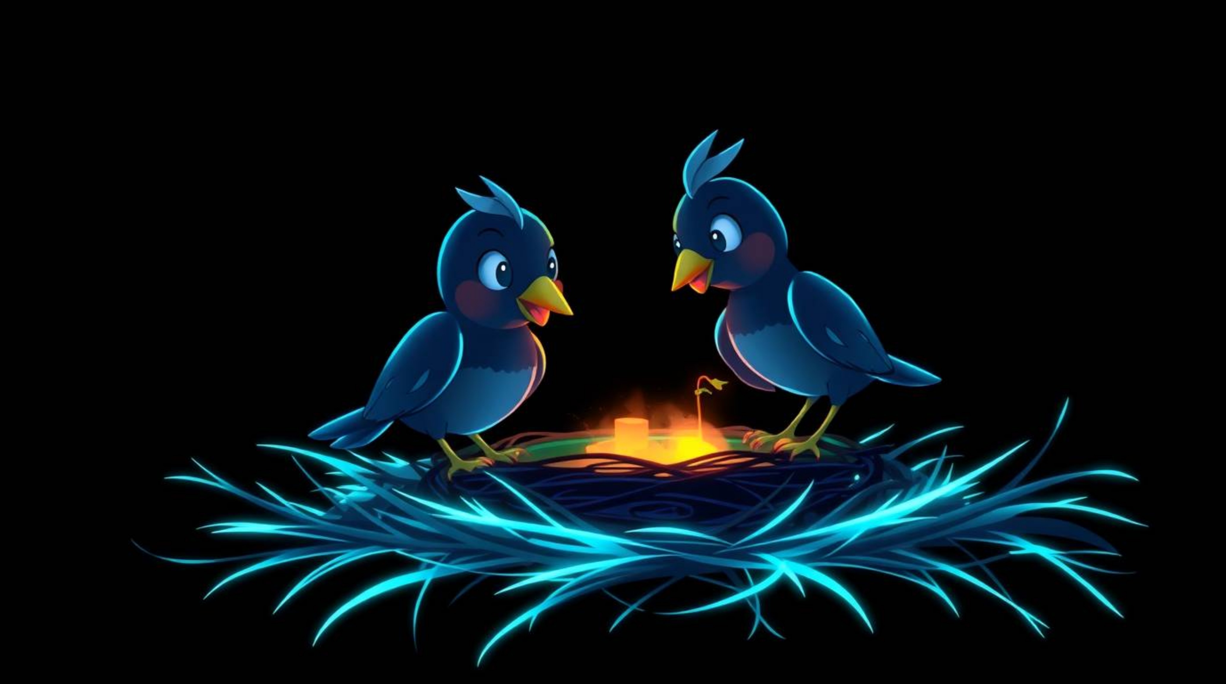 Two cartoon birds construct a nest in a scene illuminated by intense, jet-black bioluminescent glows.  Rendered in a classic 