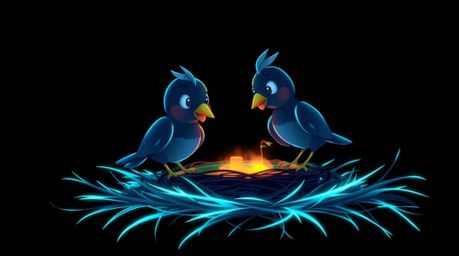 Two cartoon birds construct a nest in a scene illuminated by intense, jet-black bioluminescent glows. Rendered in a classic