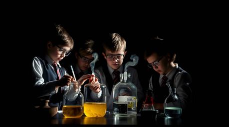 A captivating image showcases quirky children in school uniforms conducting science experiments.  The high-contrast, low-key 