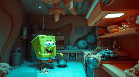 Discover a captivating image of a sponge character preparing a meal in a fantastical underwater kitchen.  This precise archit