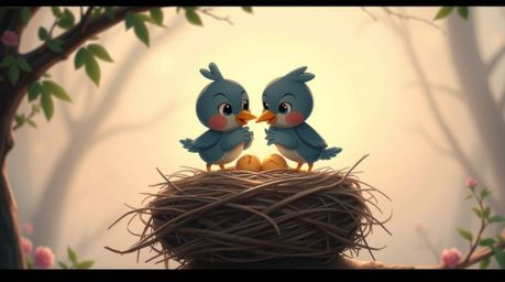 Experience the charm of two cartoon birds meticulously crafting their nest in a timeless animation style.  Set against a myst