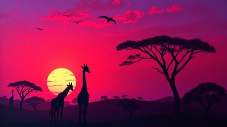 Experience the magic of an African savanna sunset painted in rich burgundy and deep blue hues. Silhouetted giraffes stand maj