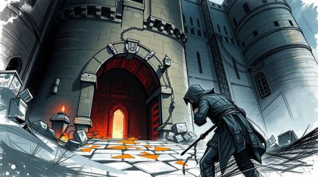 Experience a high-stakes digital art concept featuring a digitally sketched thief infiltrating a heavily guarded castle. This