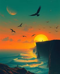 This is a dreamlike and surreal artwork in a painterly style, depicting a sunset over a coastal cliff. Soaring birds are silh