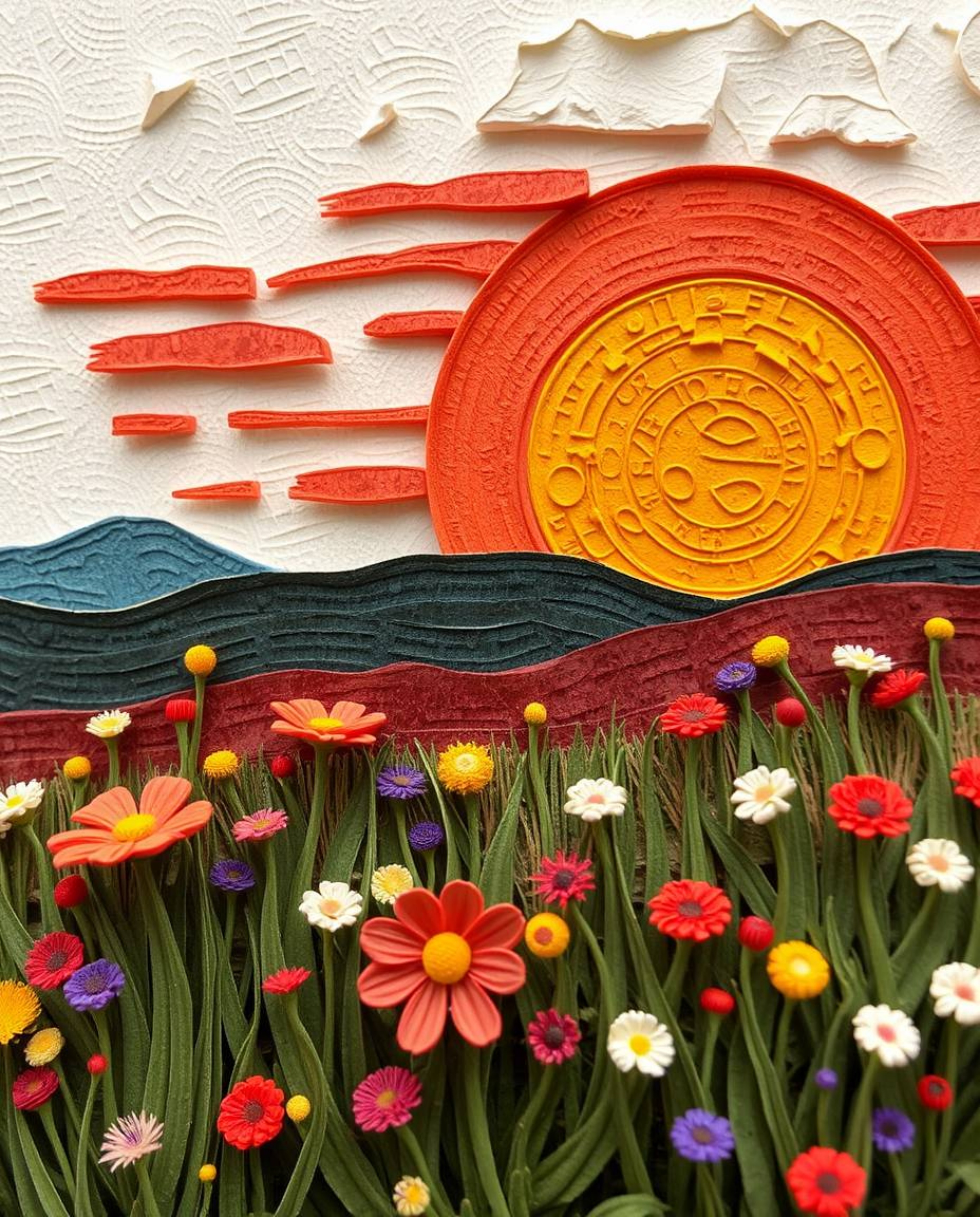 This is a close-up shot of a sculpted papier-mâché artwork, intricately depicting a sunset over a spring wildflower meadow. T