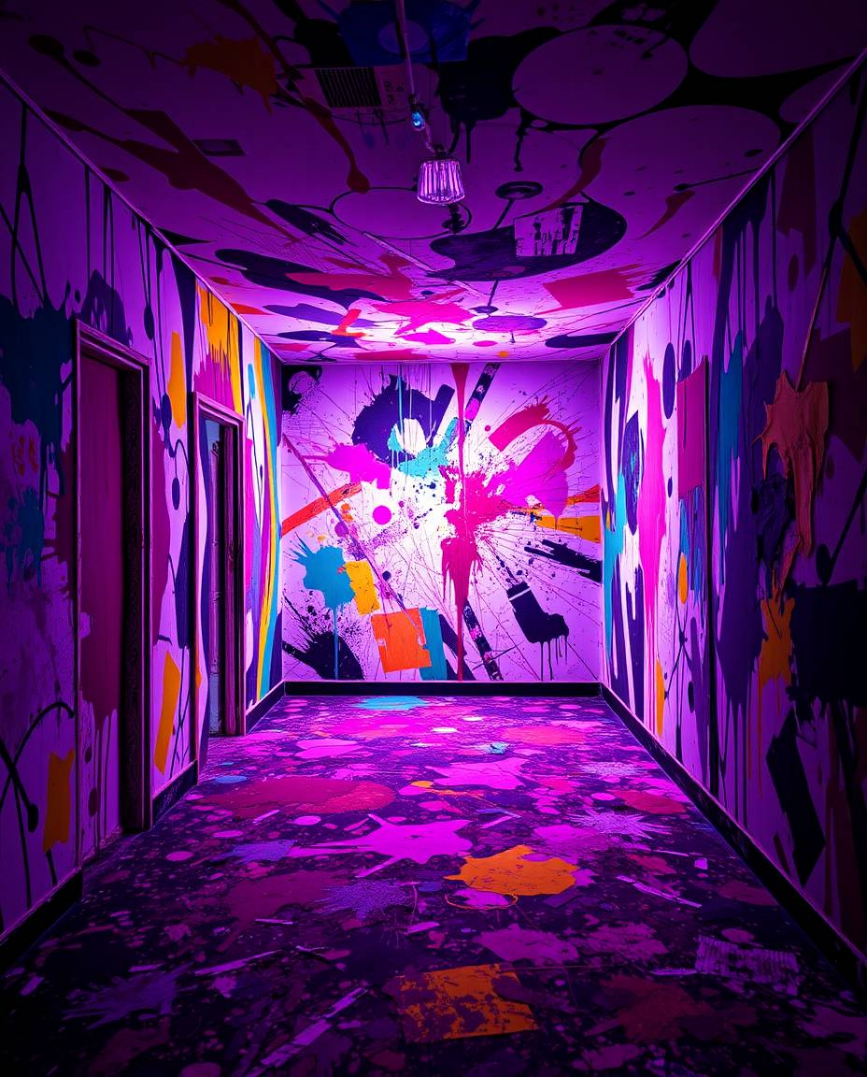 This creative light art photograph captures the chaotic beauty of a room exploding with paint. Abstract patterns dance across