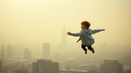 A captivating image showcasing a young boy soaring above London, powered by magical pixie dust, bathed in a soft cinematic ha