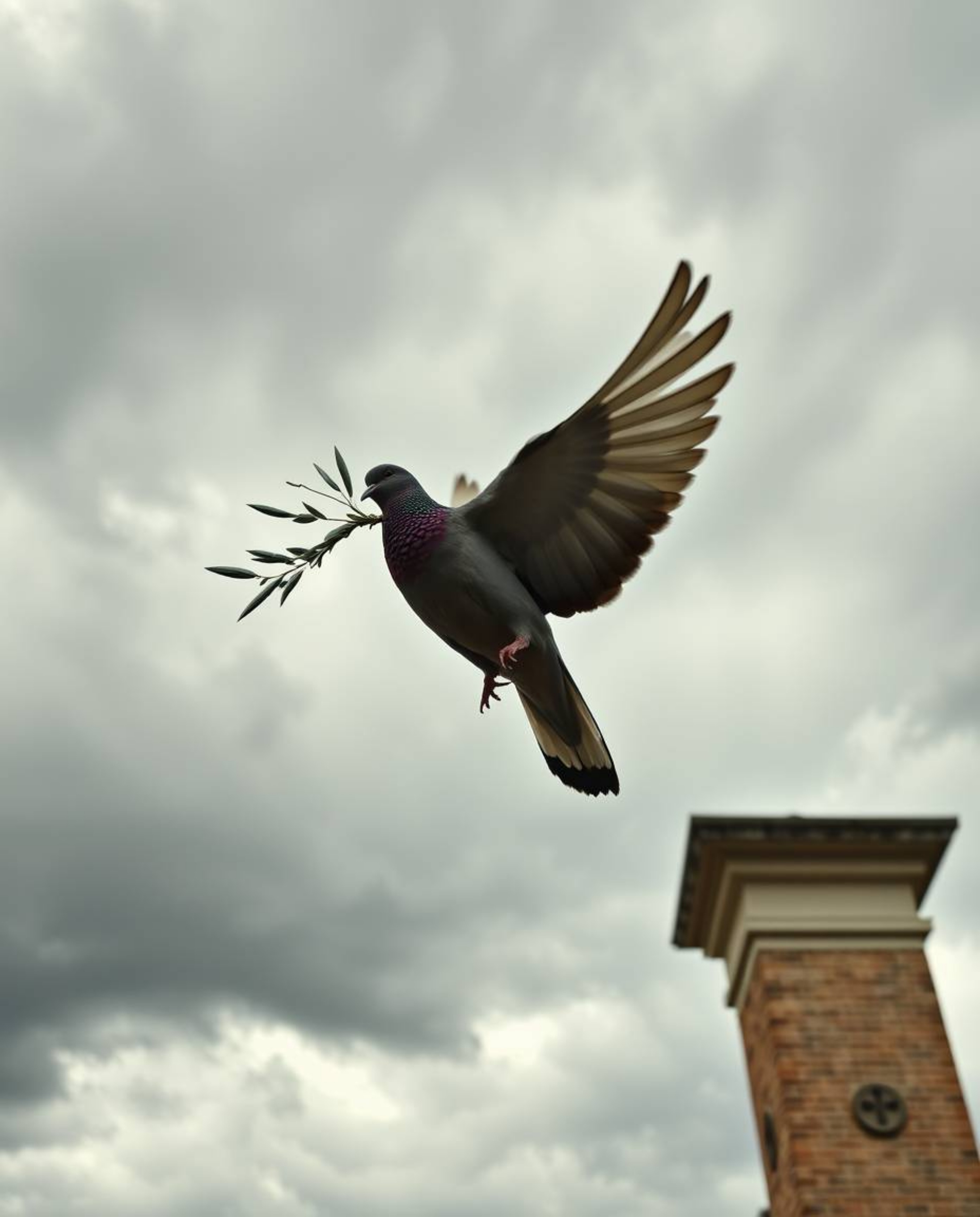 A striking architectural color photograph captures a sharply detailed dove carrying an olive branch against a dramatic wide-a