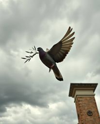 A striking architectural color photograph captures a sharply detailed dove carrying an olive branch against a dramatic wide-a