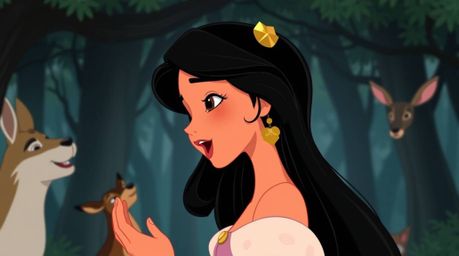 High-resolution stock photo capturing a princess with a warm complexion and flowing black hair serenading forest animals in a